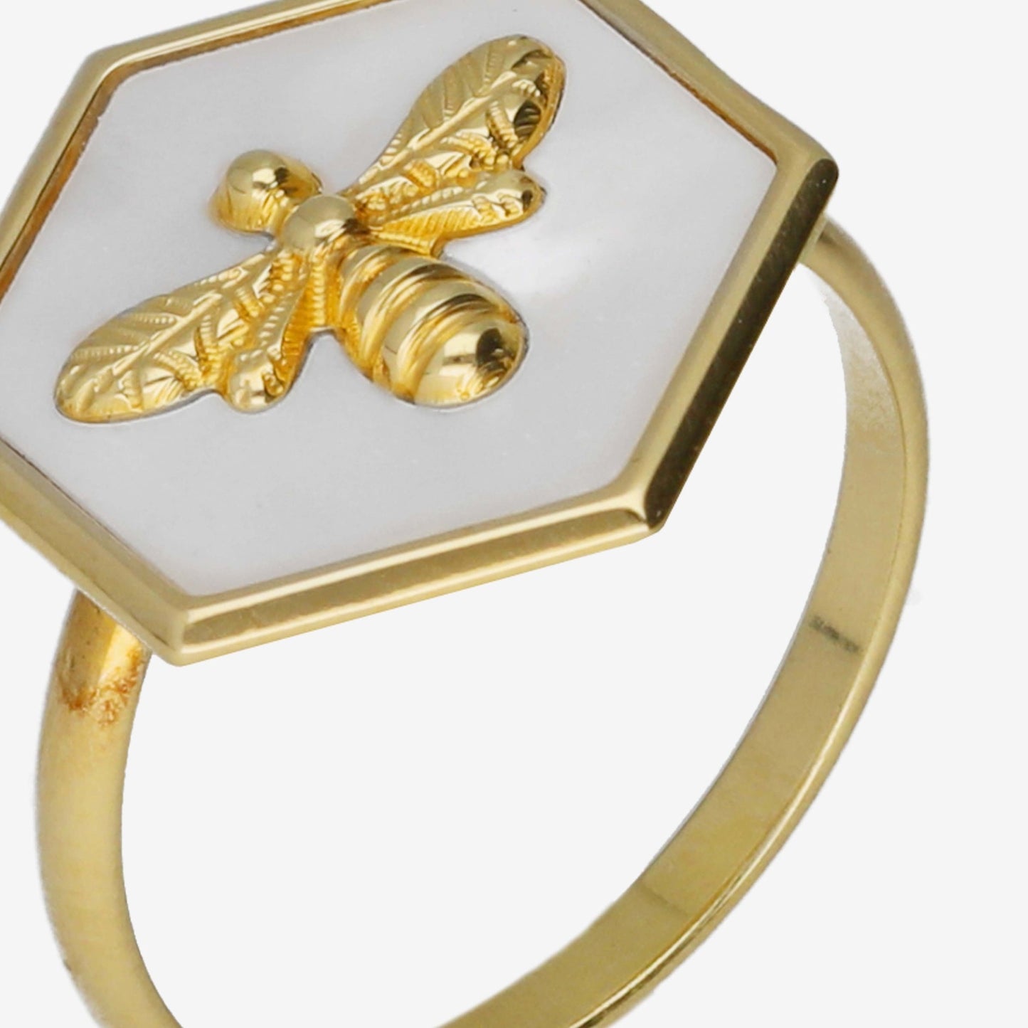 Gold plated Sterling Silver Adjustable ring bee mother of pearl from Honey