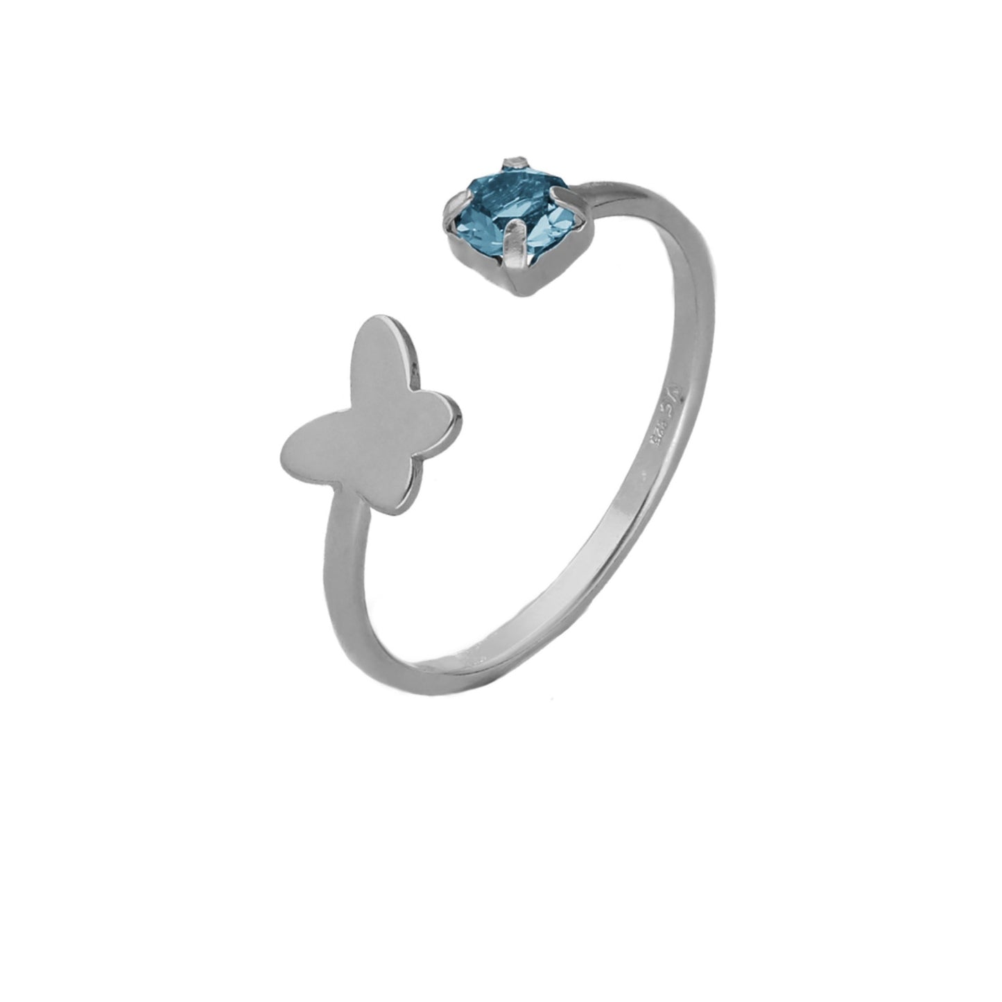 Rhodium Plated Sterling Silver Adjustable ring butterfly blue crystal from Cynthia Linet