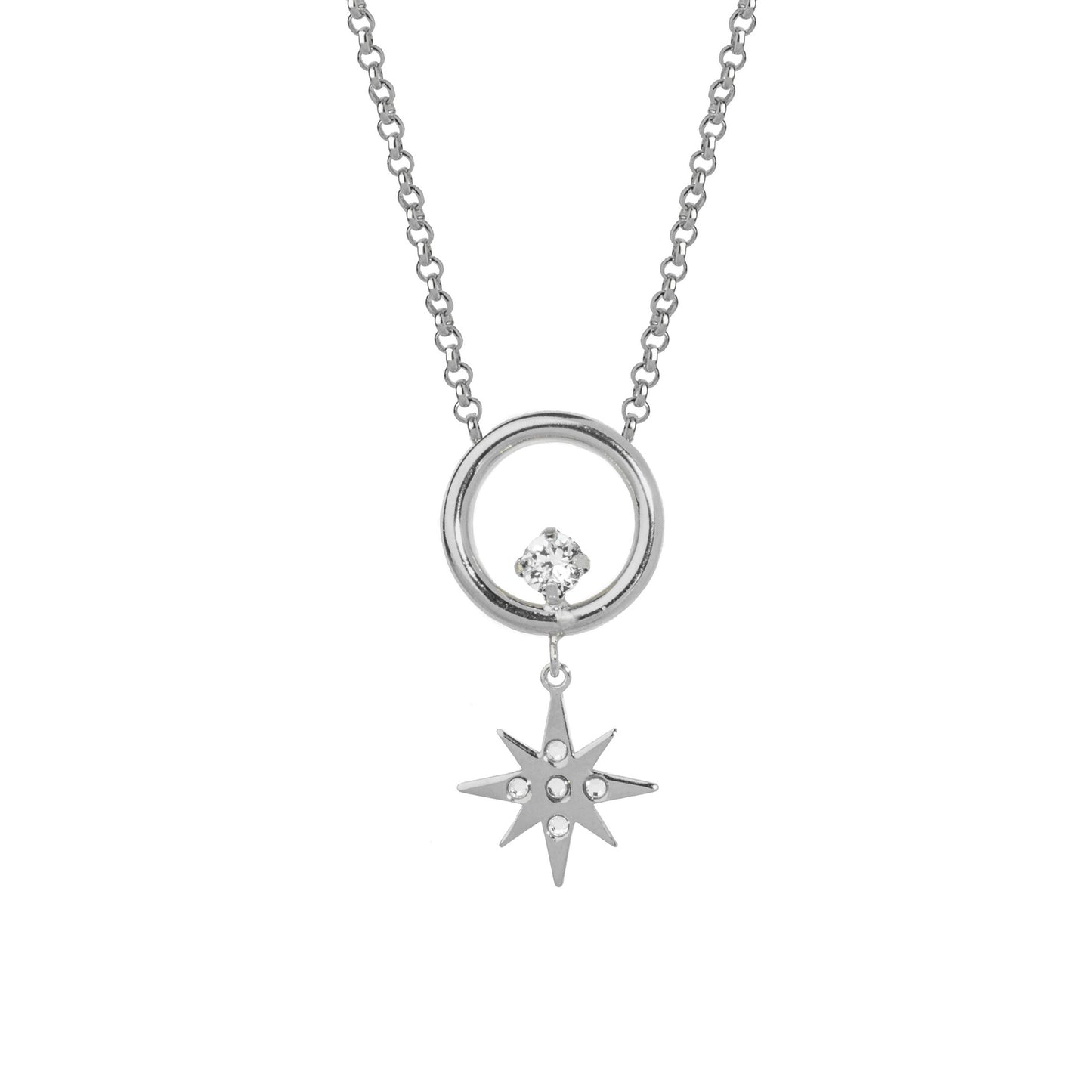 Rhodium Plated Sterling Silver Short necklace star white crystal from Rebekka