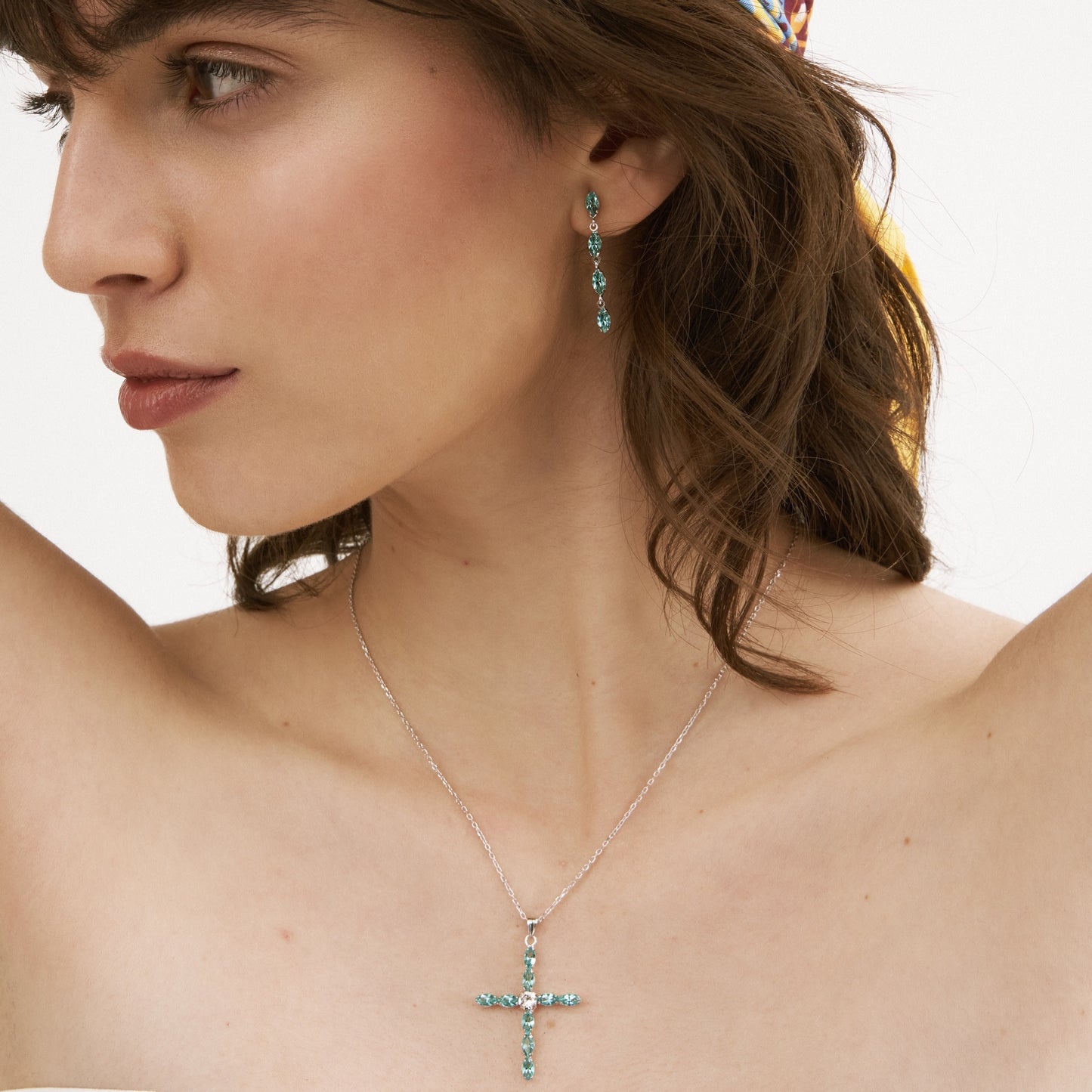 Rhodium Plated Sterling Silver Short necklace cross crystal from Las Estaciones