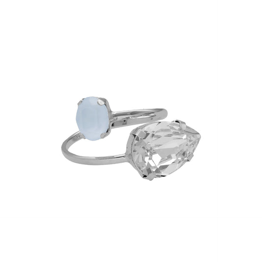 Rhodium Plated Sterling Silver Adjustable ring drop white crystal from Blooming