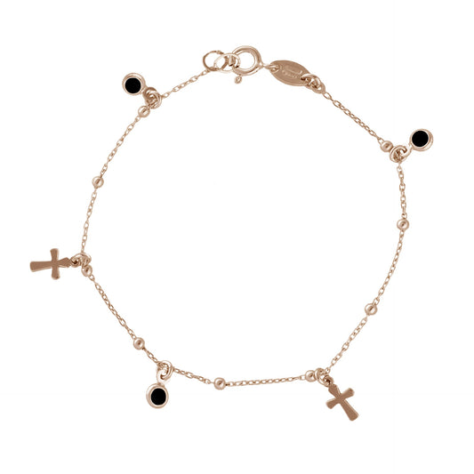 Pulsera cruz cristal negro en Plata baño Oro Rosa de Alea