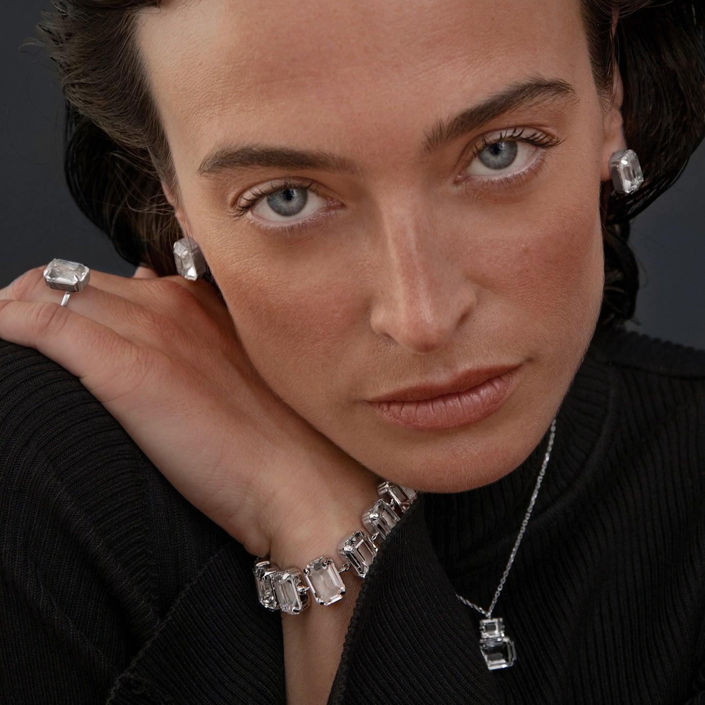 Pulsera rectángulo cristal blanco en Plata baño rodio de Helena