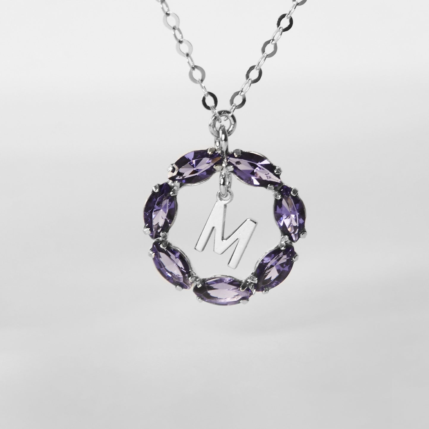 Rhodium Plated Sterling Silver Short necklace letter purple crystal from Thename