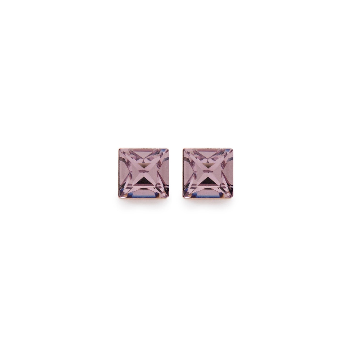 Pendientes botón cuadrado cristal rosa en Plata baño Oro Rosa de Fantasy