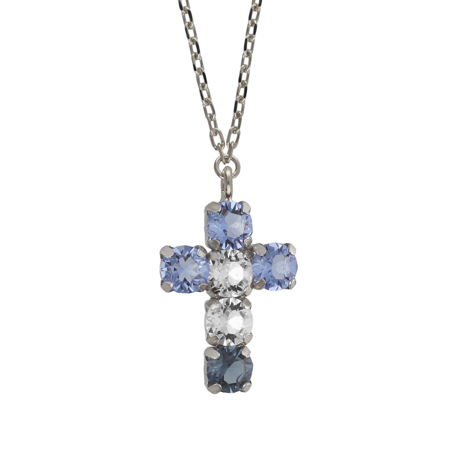 Rhodium plated Sterling Silver Long necklace cross blue crystal from Illume