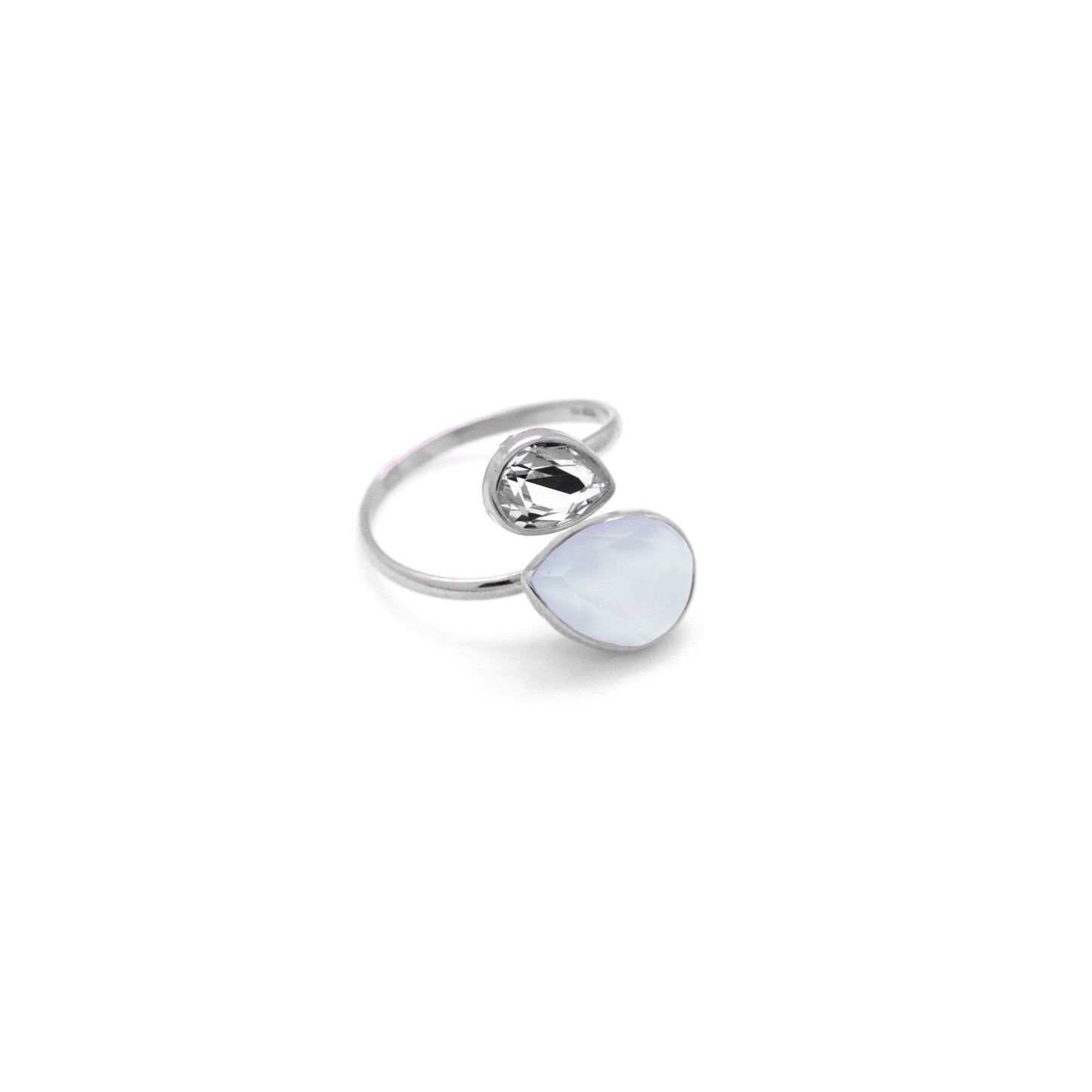 Rhodium Plated Sterling Silver Adjustable ring drop crystal from Essential