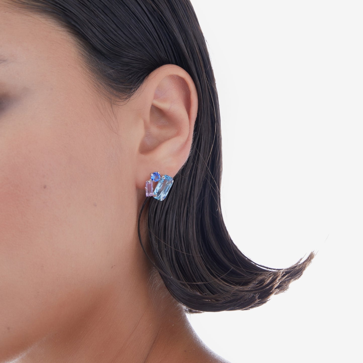 Pendientes botón rectángulo cristal azul en Plata baño rodio de Inspire