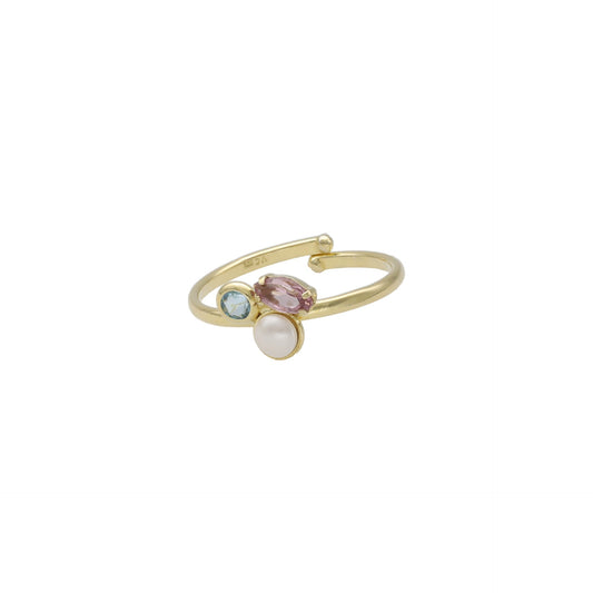 Gold plated Sterling Silver Adjustable ring multicolor crystals and pearls from Nina