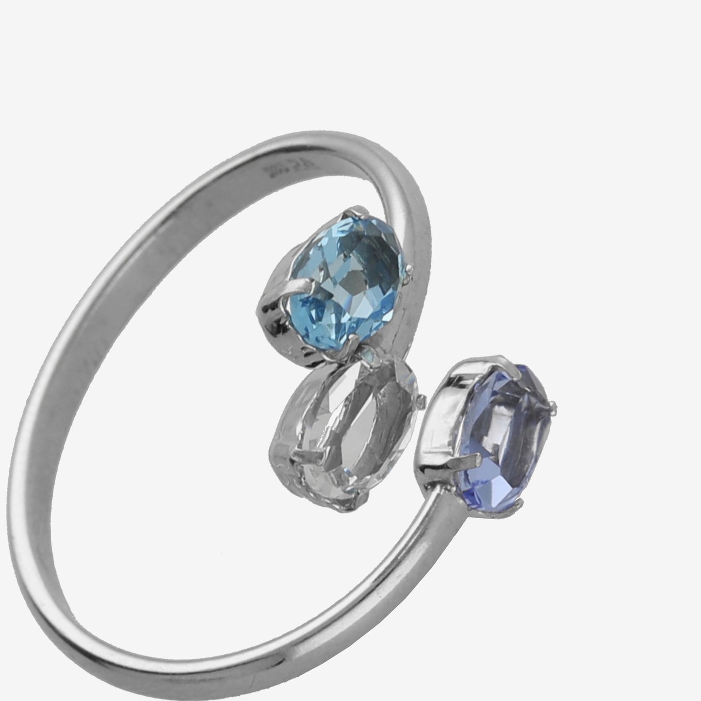 Rhodium Plated Sterling Silver Adjustable ring oval blue crystal from Harmony