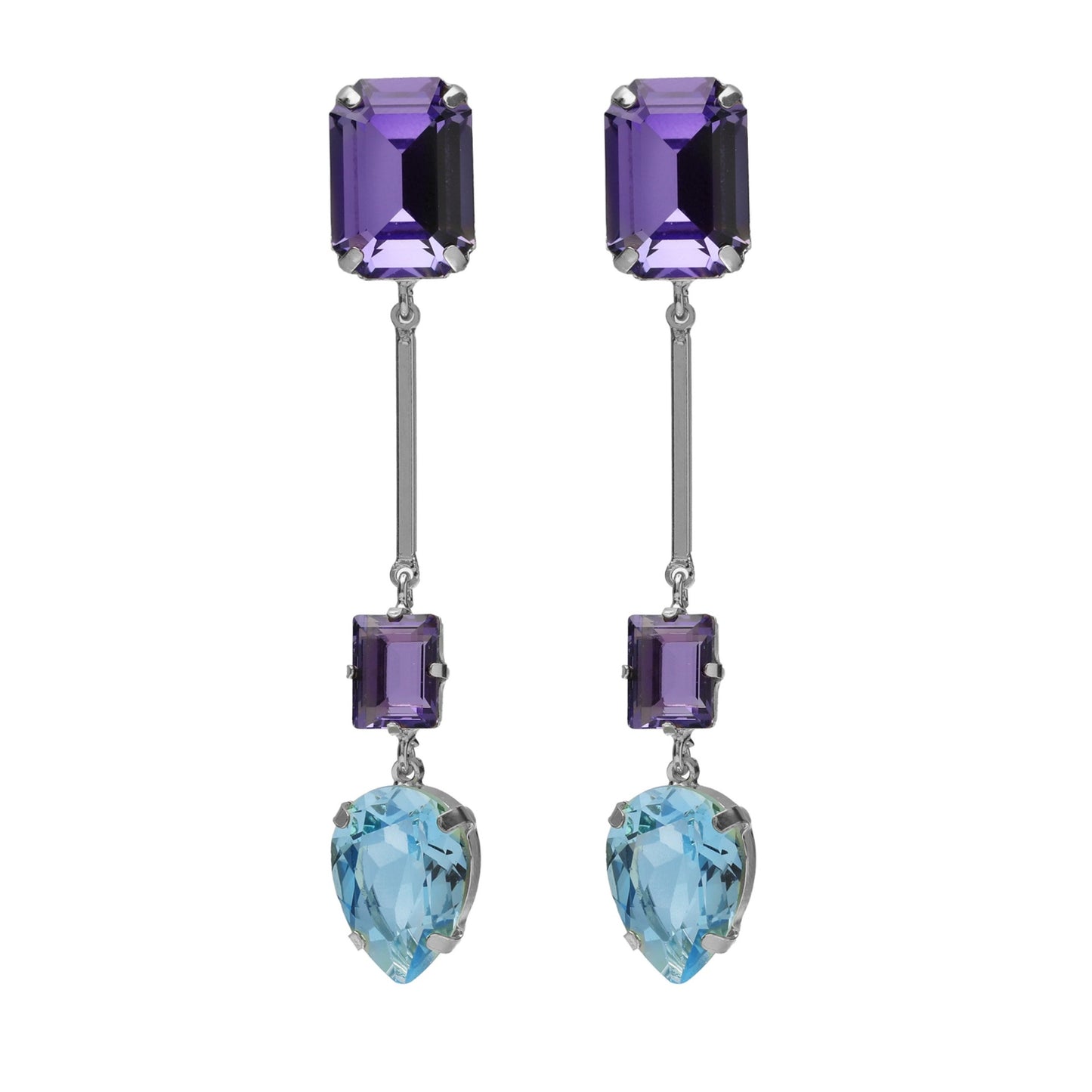 Pendientes largos rectángulo cristal morado en Plata de Balance