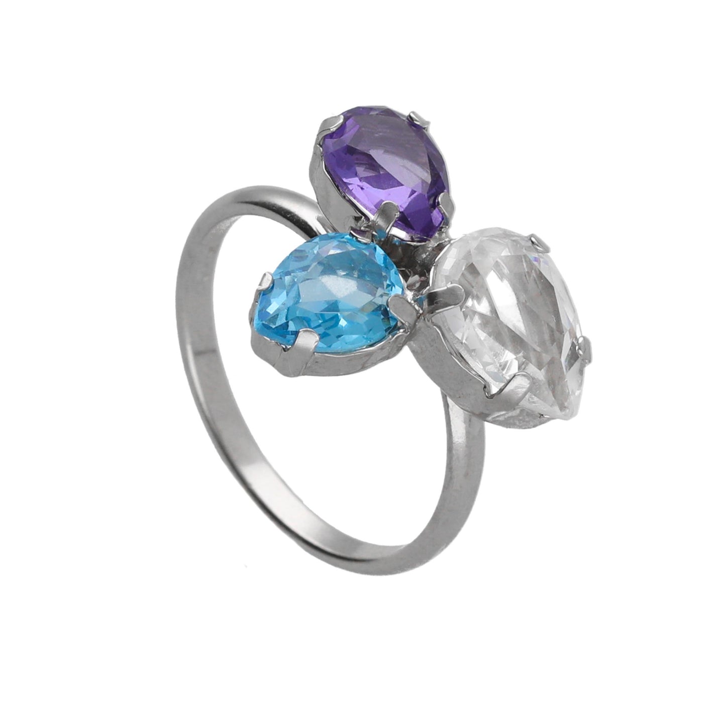 Rhodium Plated Sterling Silver Adjustable ring drop purple crystal from Glory