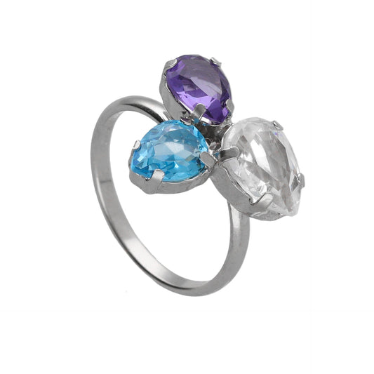 Anillo ajustable lágrima cristal morado en Plata baño rodio de Glory